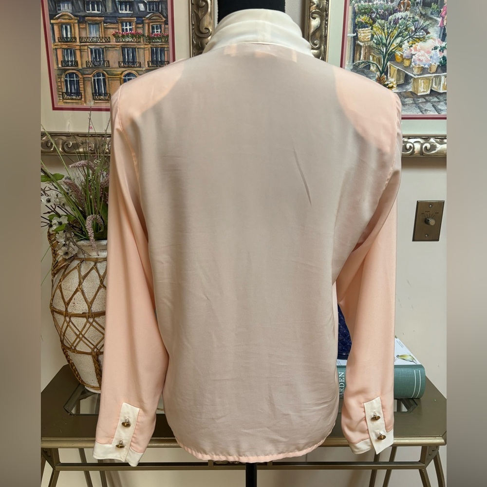 CHAUS VINTAGE PASTEL PEACH BLOUSE COLOR-BLOCK RETRO TIE SASH NECK CAREER SIZE 6 - Picture 4 of 7